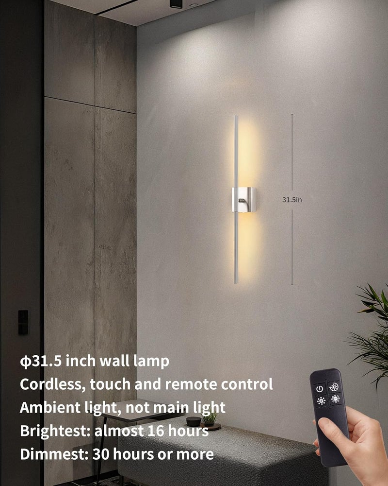 KDG Cordless Wall Sconces Set of 2, Wireless 5200mAh Rechargeable Battery Operated LED Wall Lamps with Remote, 360° Rotate Lightings for Wall Painting, Bedroom, Hallway, Night Light 31.5 inch (Nickel) - Image 1